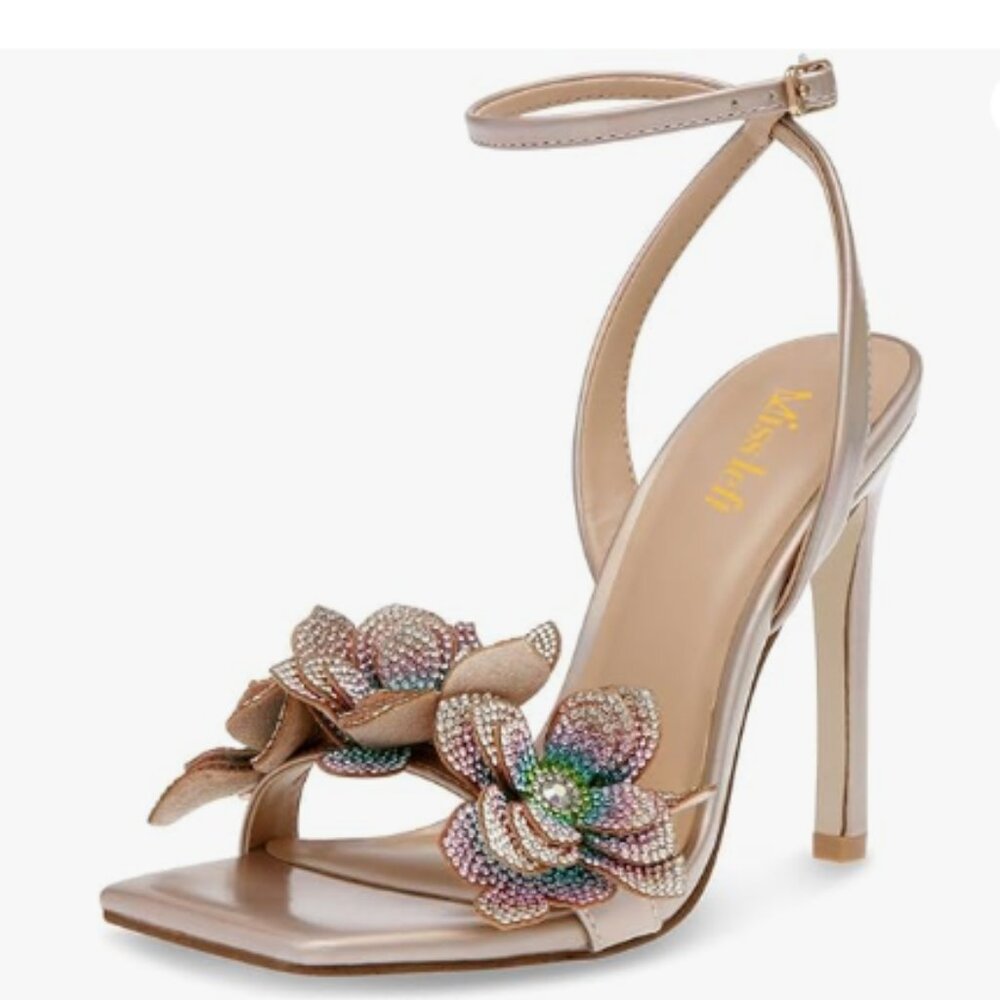 miss left Champagne Rhinestones Stiletto Heel with Strap Buckles Flower Sandals